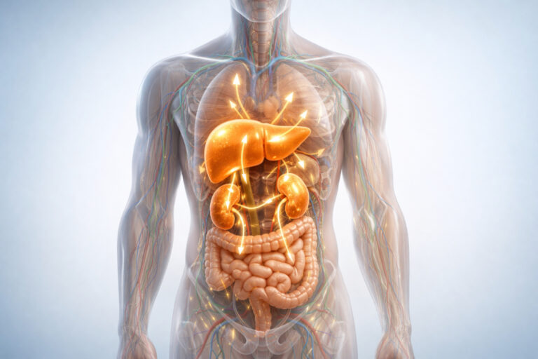 Ilustracija ljudskog tela sa istaknutim organima za detoksikaciju, jetrom, bubrezima i crevima, prikaz procesa filtriranja toksina