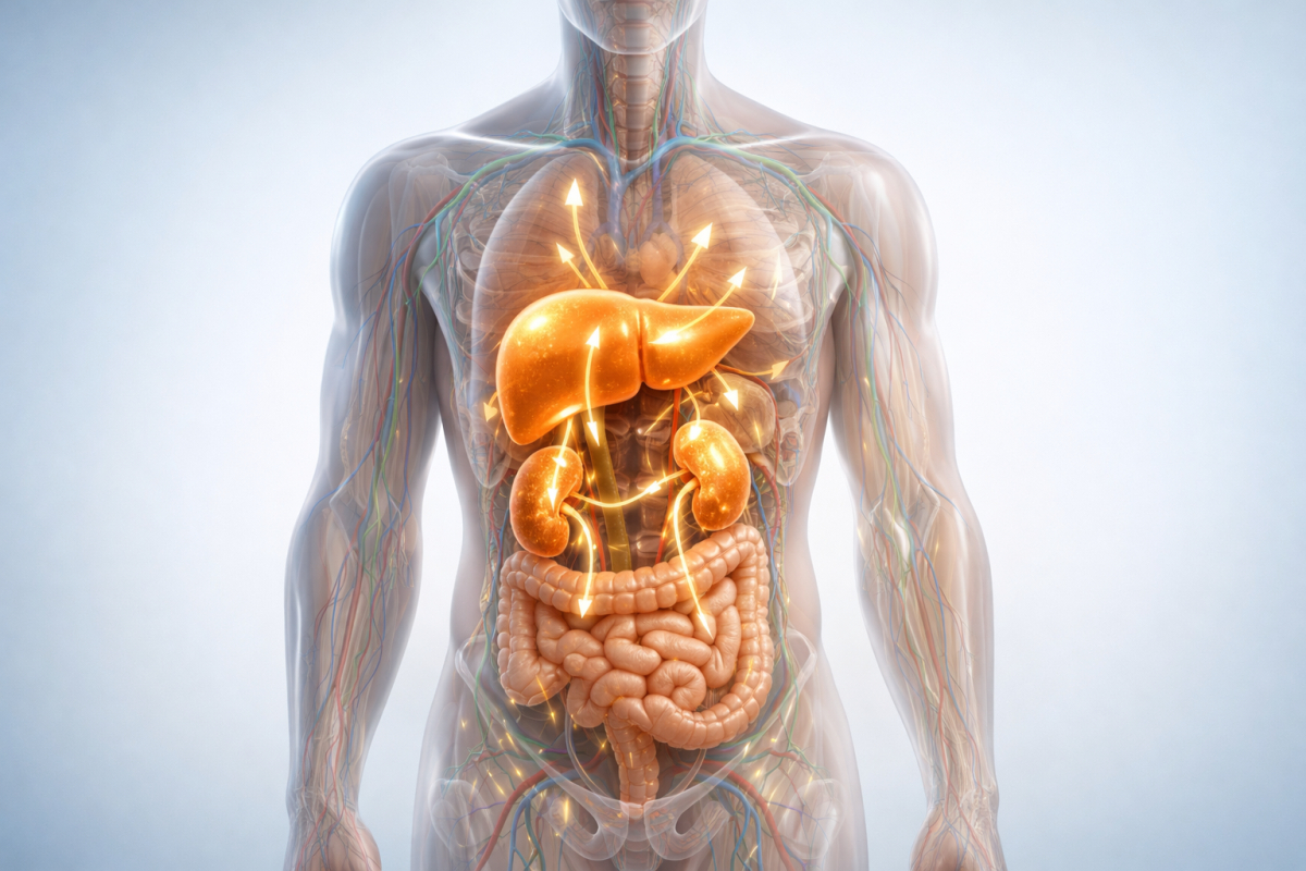 Ilustracija ljudskog tela sa istaknutim organima za detoksikaciju, jetrom, bubrezima i crevima, prikaz procesa filtriranja toksina
