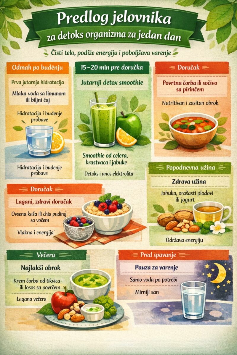Infografik koji prikazuje dnevni jelovnik za detoks organizma, sa obrocima od jutarnje hidratacije do lagane večere i saveta pred spavanje