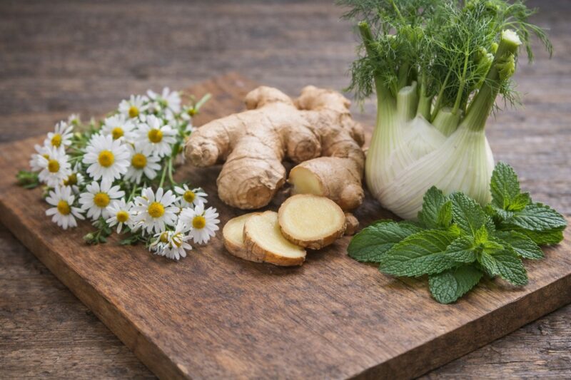 Sveža kamilica, koren đumbira, komorač i listovi nane poređani na drvenoj dasci kao prirodni sastojci za biljni čaj