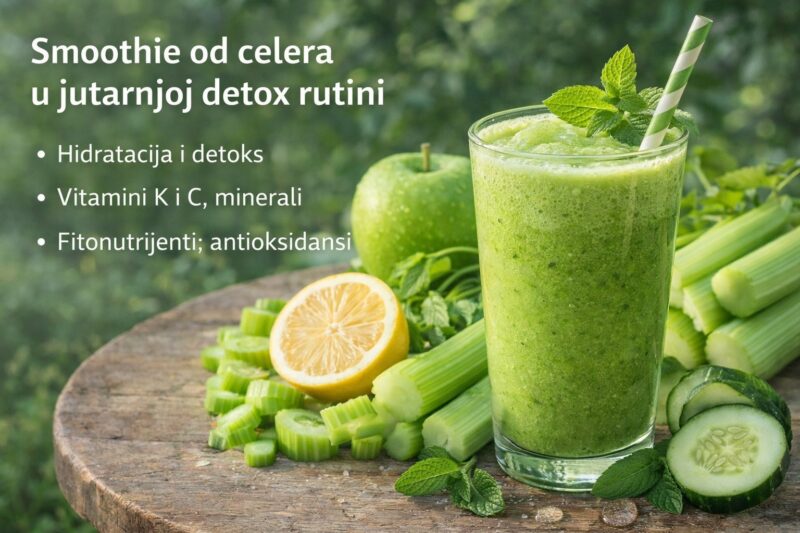 Zeleni smoothie od celera sa limunom, krastavcem i mentom, poslužen u čaši na drvenom stolu u prirodnom okruženju
