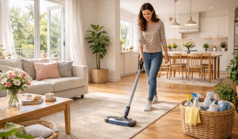 Osoba usisava dnevnu sobu u svetlom enterijeru sa drvenim podom, tepihom i prirodnim svetlom