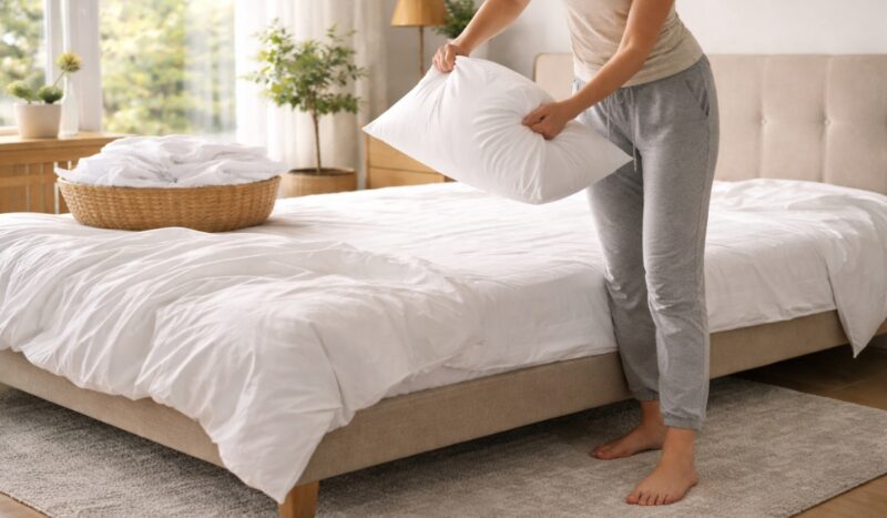 Žena stoji pored kreveta i presvlači jastučnicu u urednoj, svetloj spavaćoj sobi