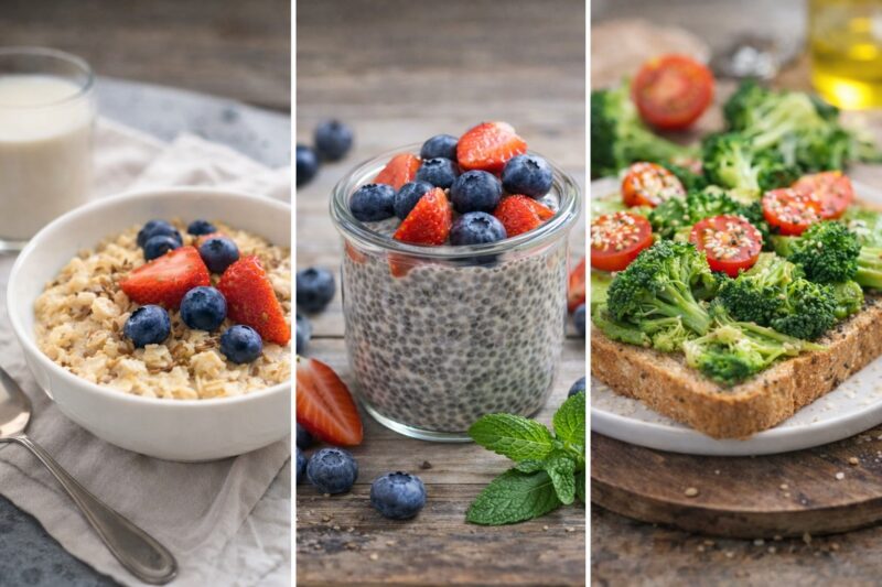 Zdrav doručak sa ovsenom kašom i bobičastim voćem, chia pudingom sa jagodama i borovnicama i integralnim tostom sa brokolijem i paradajzom