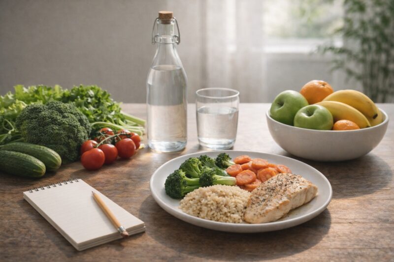 Tanjir sa pečenom piletinom, integralnim pirinčem, brokolijem i šargarepom na stolu, uz sveže povrće, voće i čašu vode