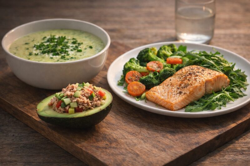 Zdrav ručak sa pečenim lososom, brokolijem, šargarepom, krem čorbom od povrća i punjenim avokadom na drvenoj podlozi