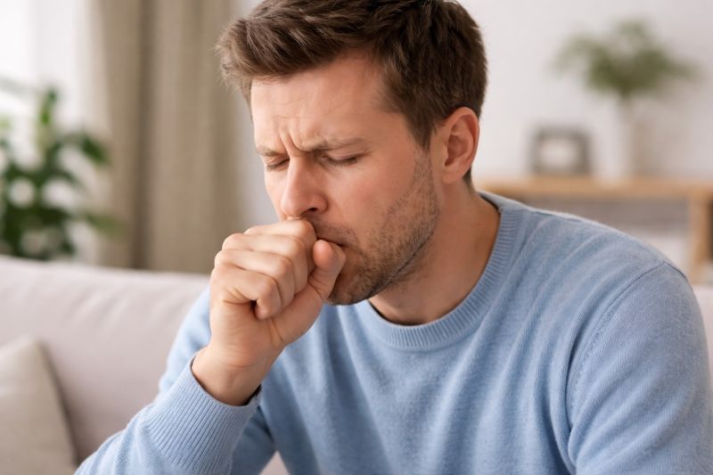 Muškarac sa simptomima produktivnog kašlja tokom prehlade