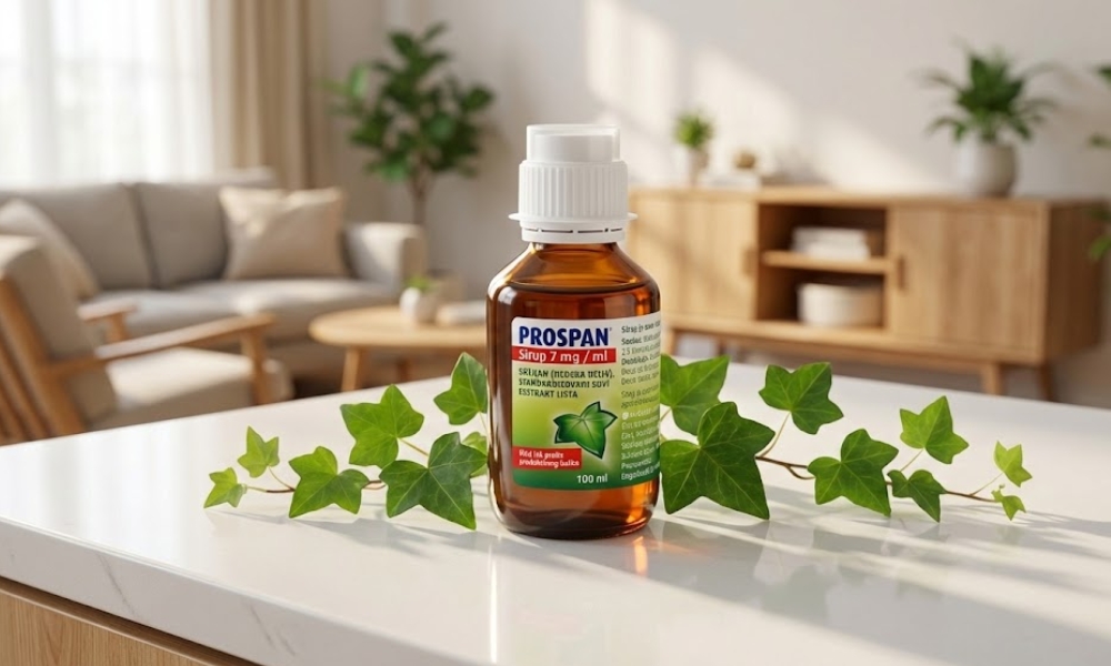 Bočica Prospan sirupa sa ekstraktom lista bršljana za aktivni kašalj